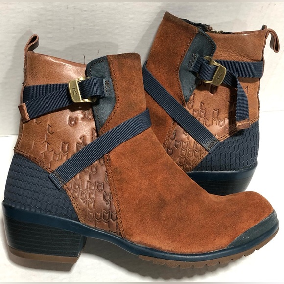 Keen Brown Suede Ankle Booties with Navy Strap Detail - Picture 4 of 11